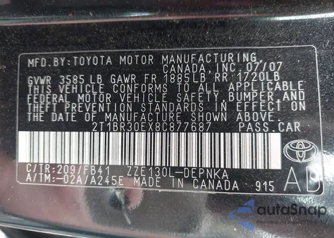 2008 Toyota Corolla Le из США, поврежденный, VIN 2T1BR30EX8C877687